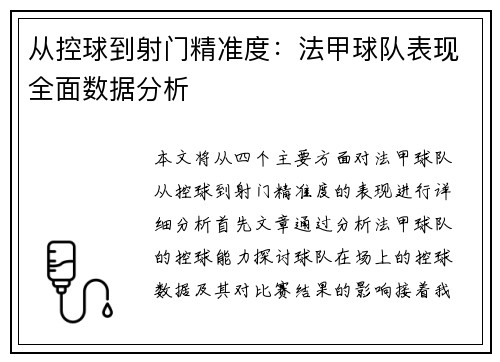 从控球到射门精准度：法甲球队表现全面数据分析