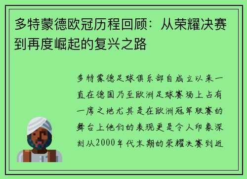 多特蒙德欧冠历程回顾：从荣耀决赛到再度崛起的复兴之路